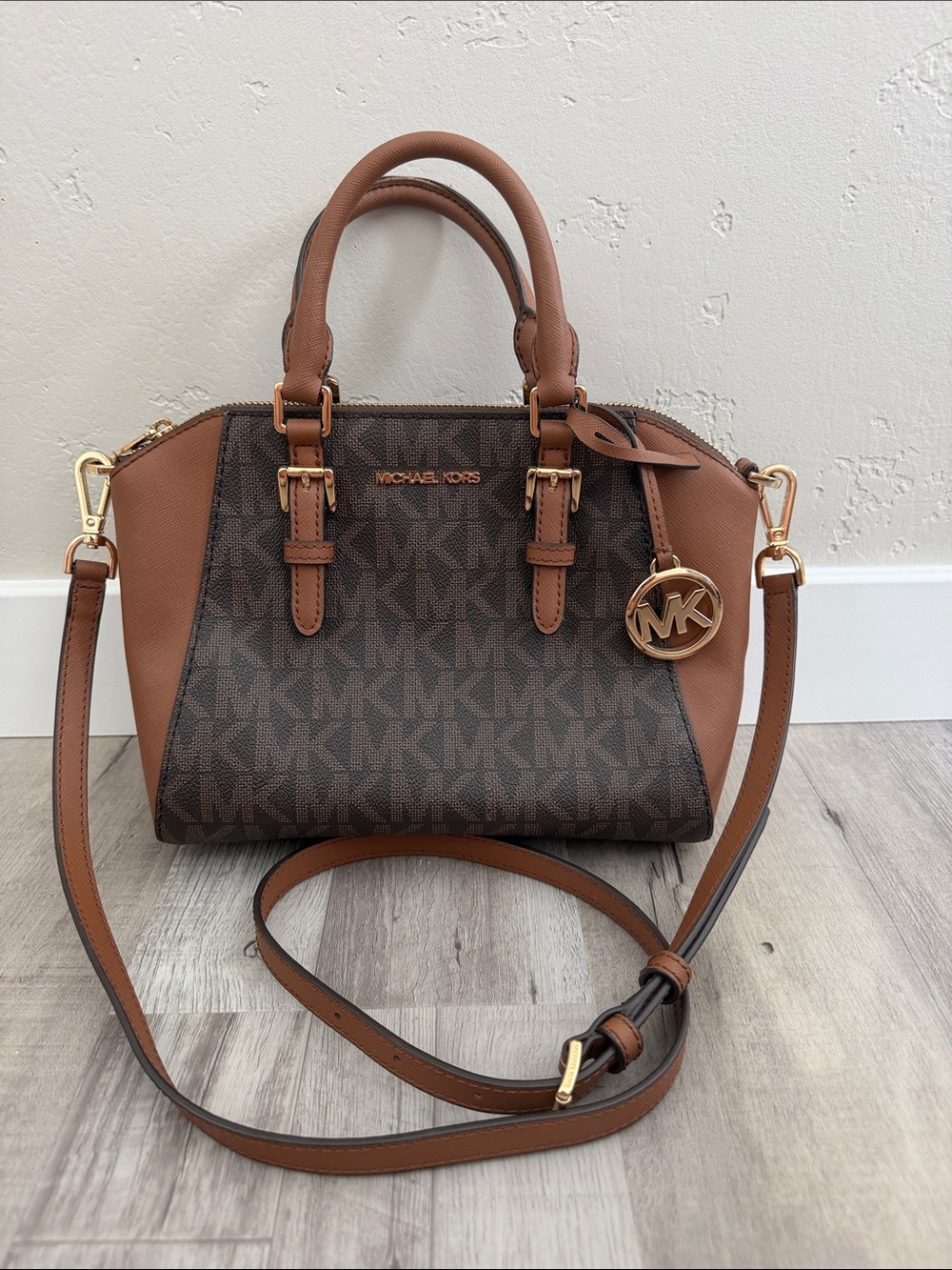 Michael Kors Brown Logo & Tan Leather Satchel
